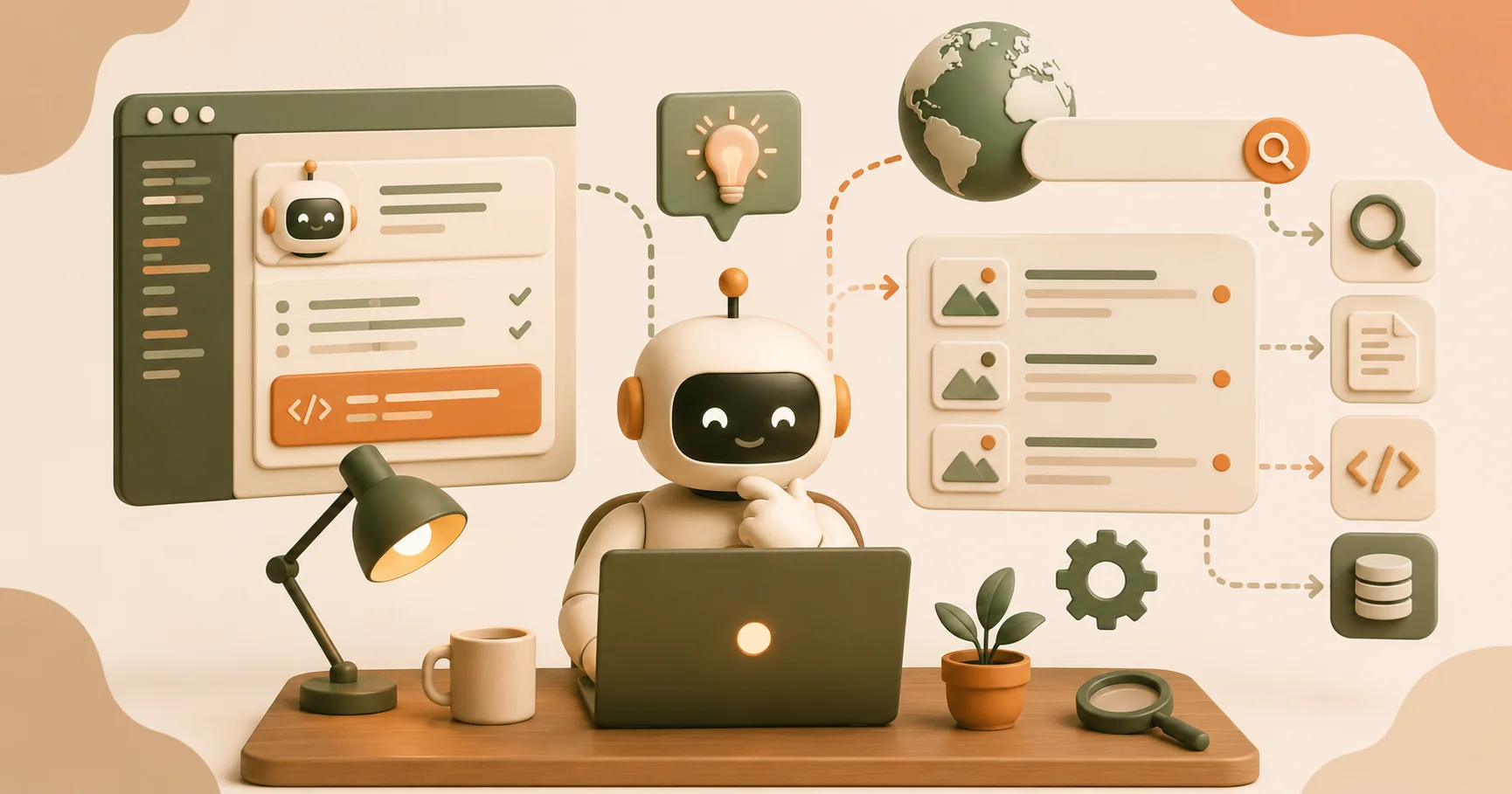 Illustration of an AI agent surrounded by tool icons and search results, representing agentic prompting