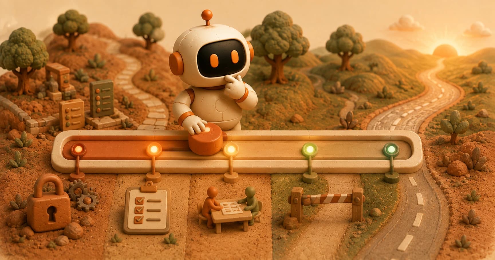 A robot resting a hand on the middle of a long slider running from a padlock to an open road