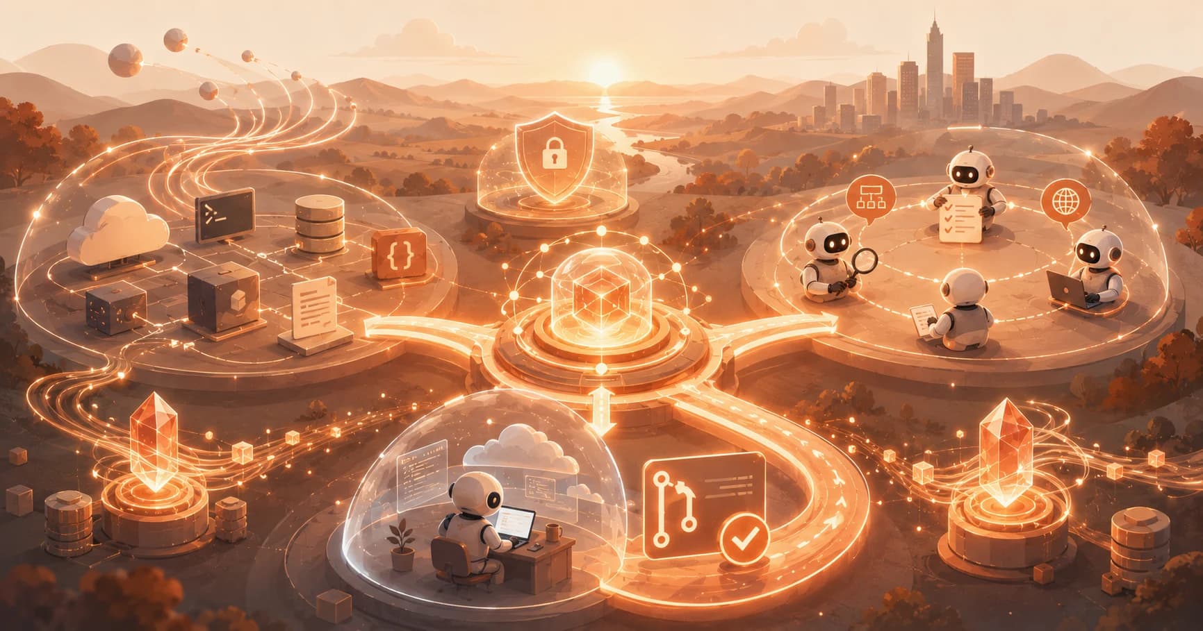 Editorial illustration of small robots working across connected autonomous coding and review stations at sunset