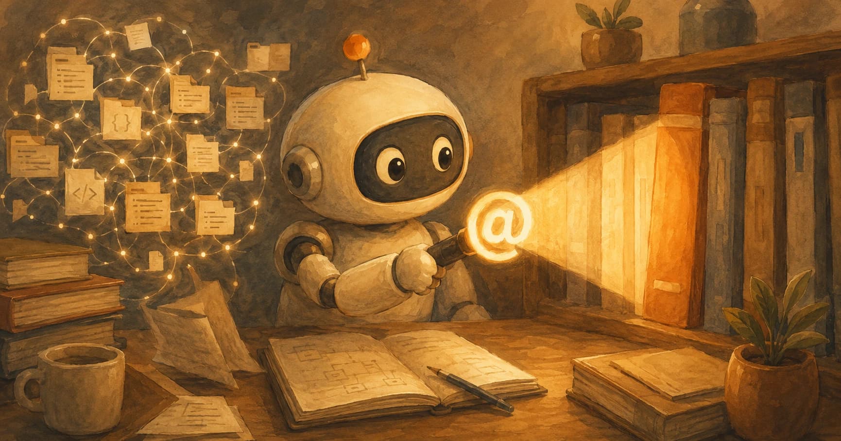 A cream-white robot aiming a soft glowing spotlight shaped like an @ symbol at specific books on a shelf while others stay dim