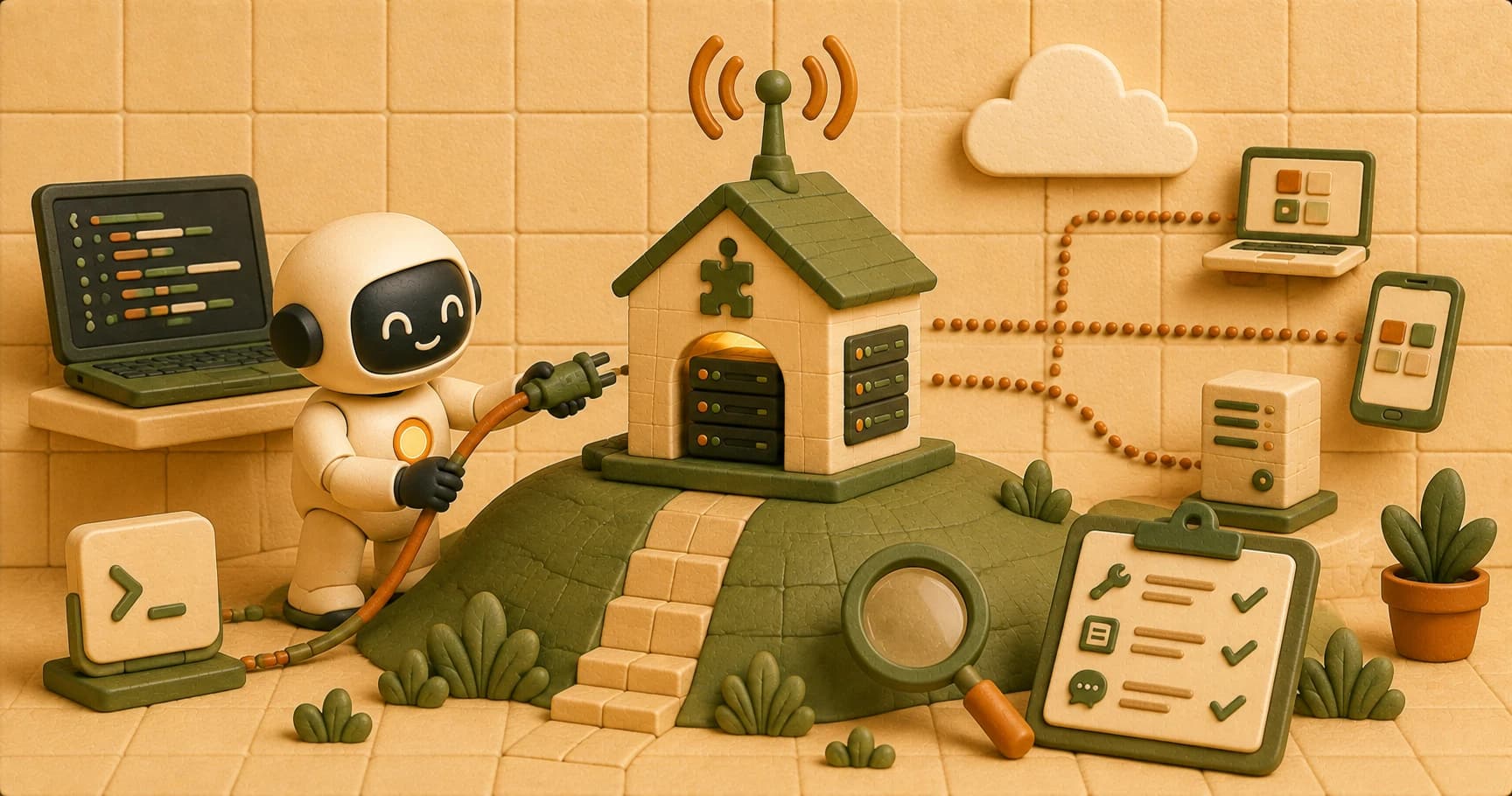 A robot lifting its server hut onto a hill with an antenna, checking each tool through an inspector lens