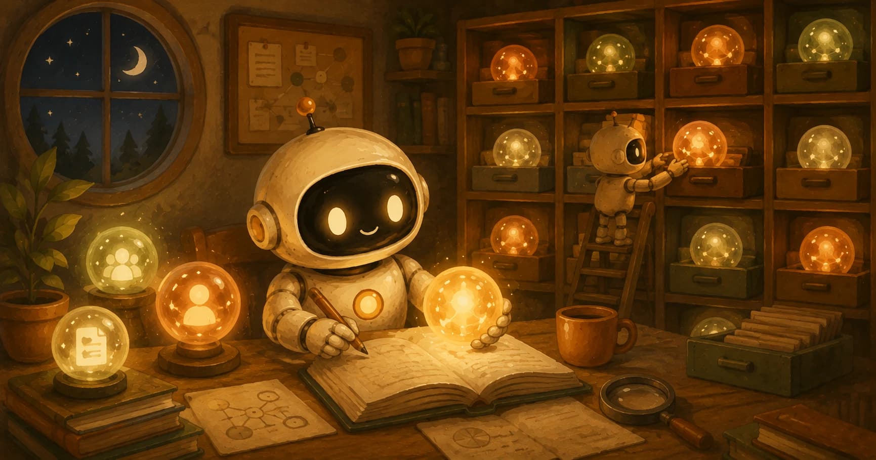 A cream-white robot asleep while a small helper tidies and reorganizes its memory overnight