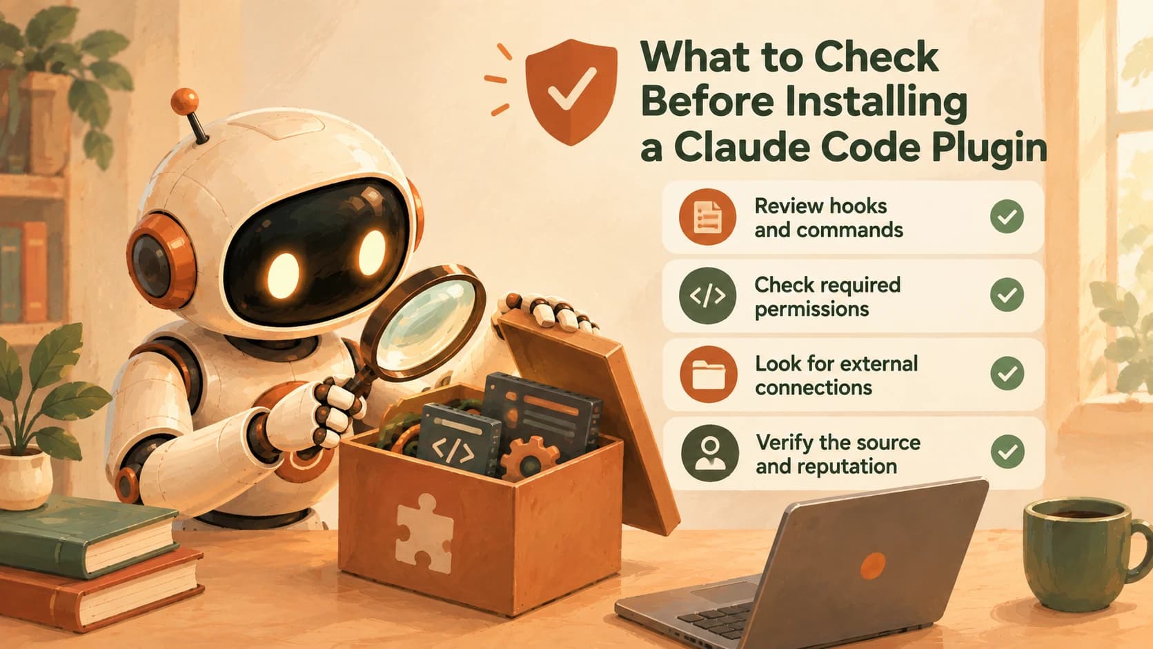 A cream-white robot inspecting an open plugin box next to a four-item checklist: review hooks and commands, check required permissions, look for external connections, verify the source and reputation