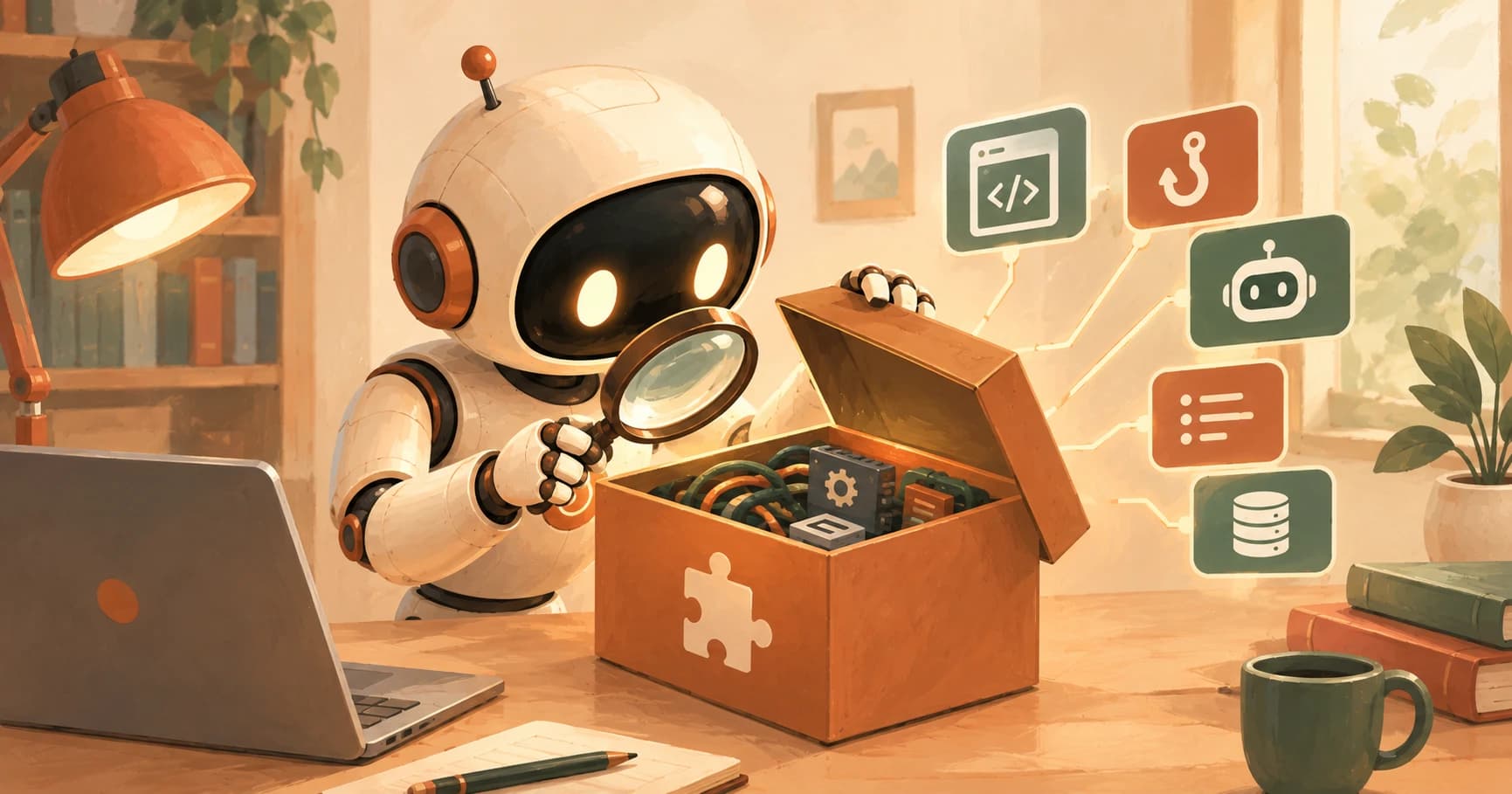 A cream-white robot inspecting the inner wiring of a plugin box with a magnifying glass before installing it