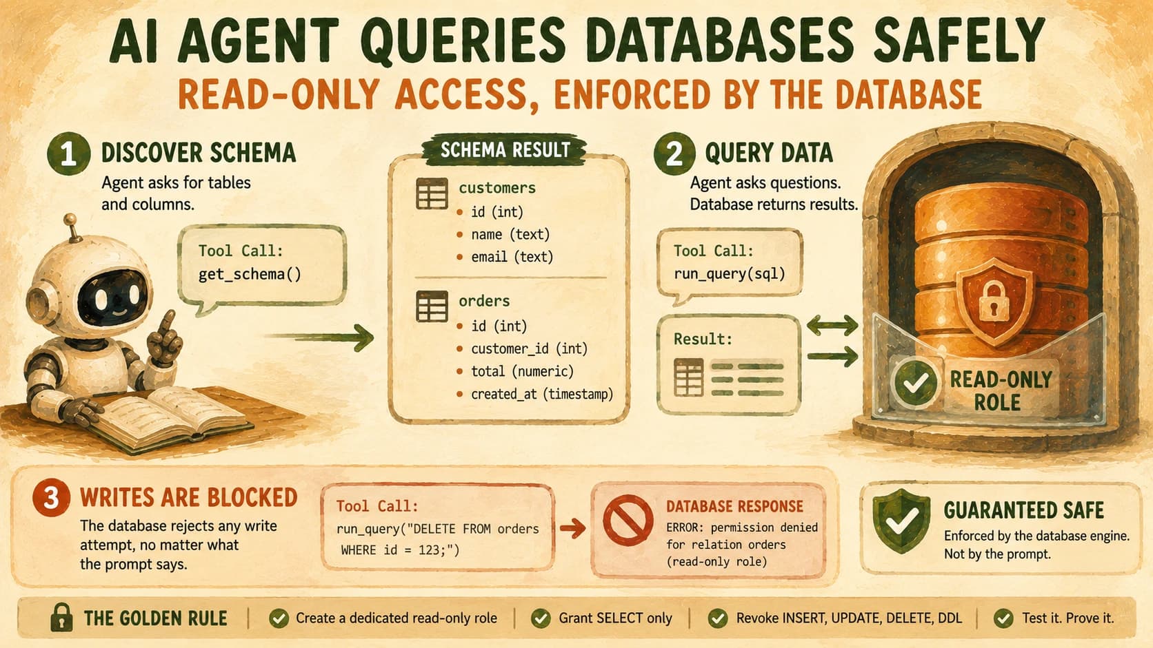 Diagram of an AI agent discovering a schema, querying data, and having a write blocked by a read-only database role