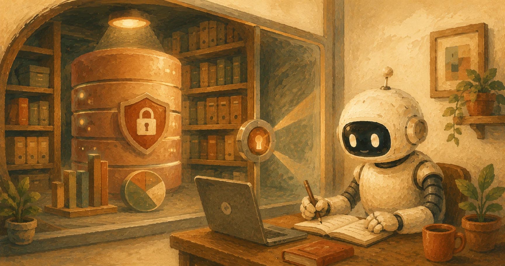 A robot reading from a glowing library vault behind read-only glass