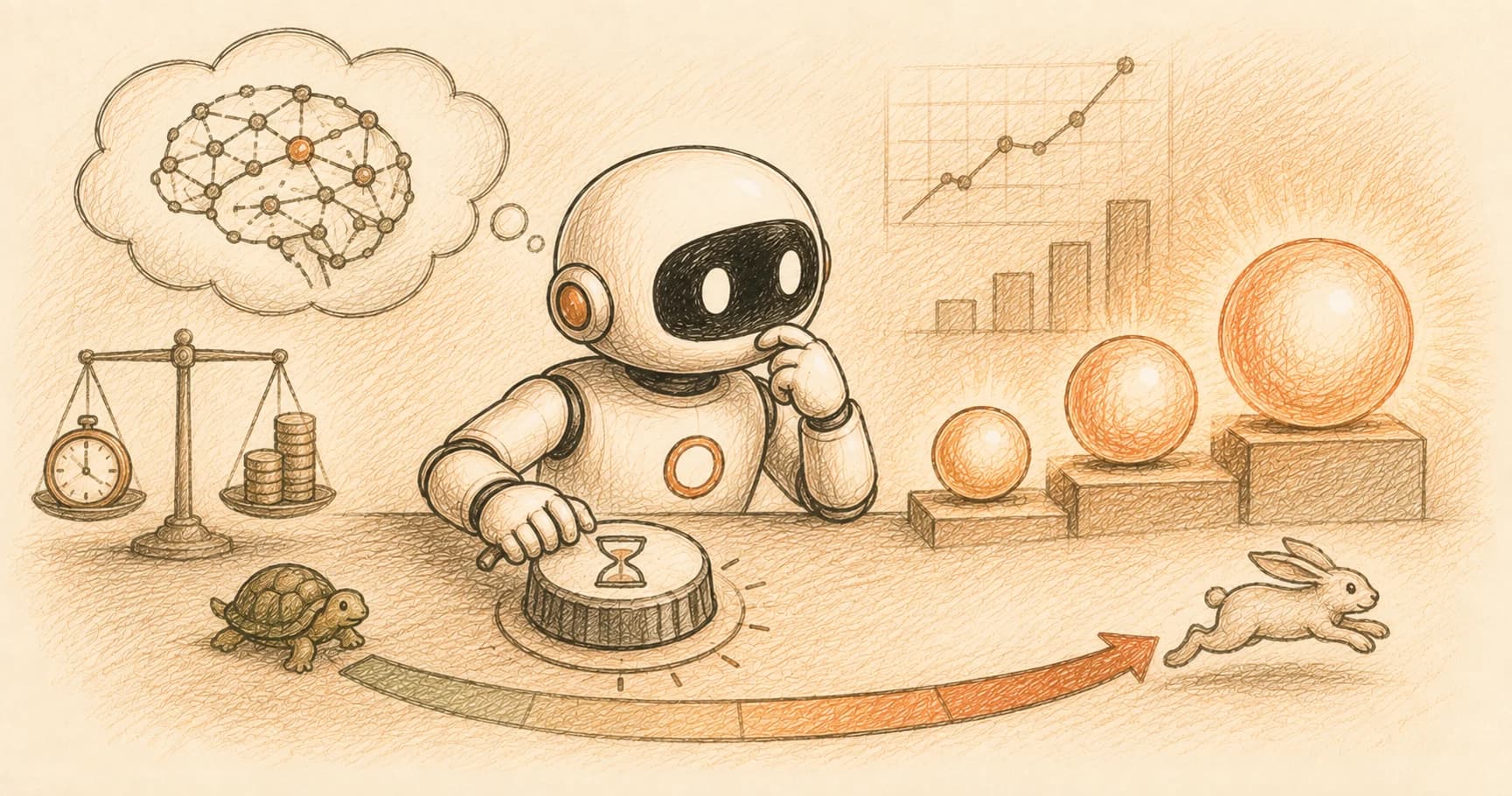 A robot character adjusting a dial with an hourglass, next to three glowing orbs of increasing brightness on a measuring scale