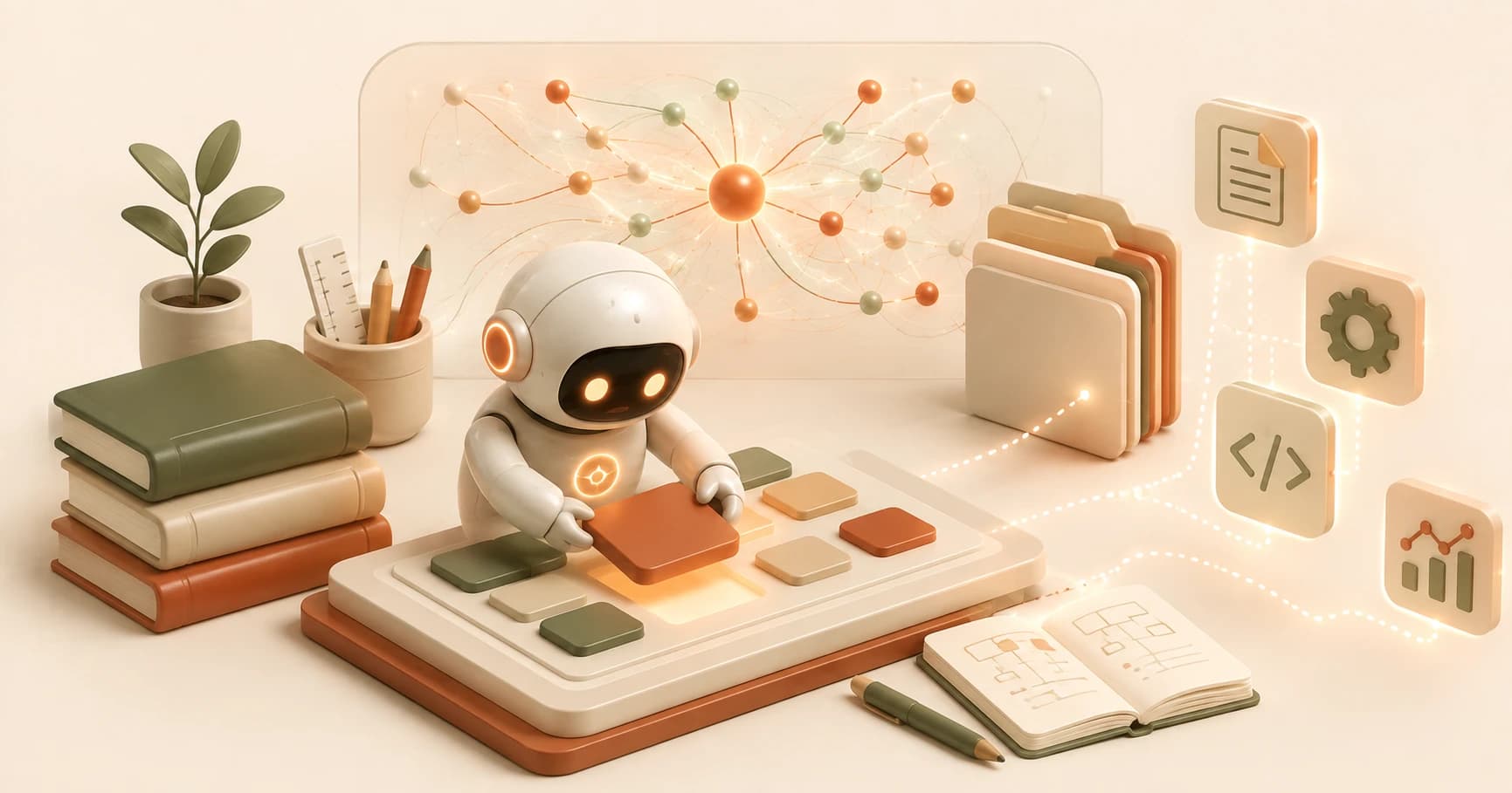 A robot writing a skill card that lights up on its own