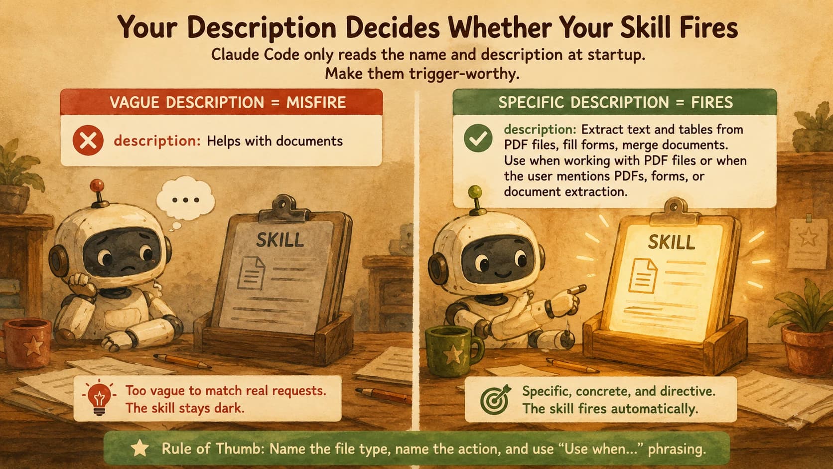 Side-by-side comparison of a vague skill description that stays dark and a specific, directive one that fires automatically