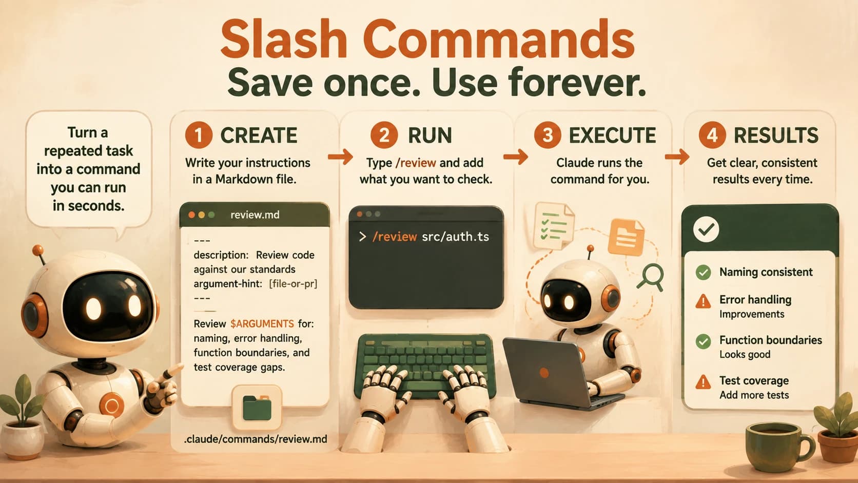 A four-step infographic showing a slash command file being created, run, executed, and returning results
