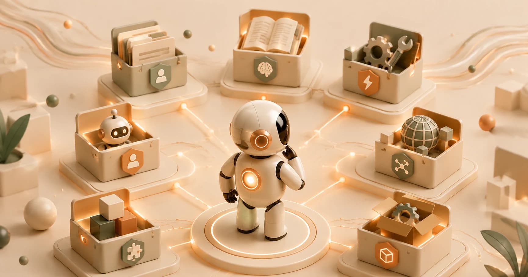 A robot standing among labeled toolboxes representing Claude Code's extensibility primitives