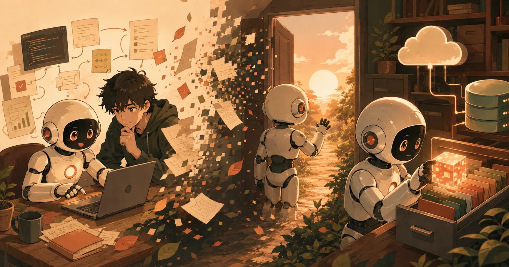 A person working with a robot assistant at a desk as papers dissolve into pixels, while another robot walks through a doorway into a memory archive of glowing data files