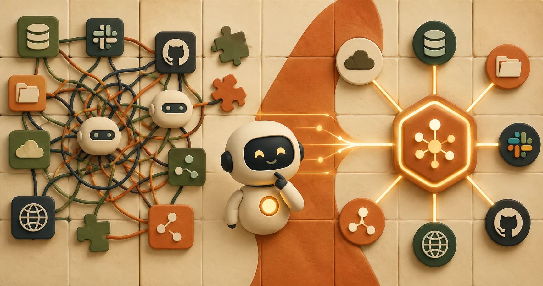 A tangled web of integration cables on one side and a single tidy hub on the other, with a relieved robot