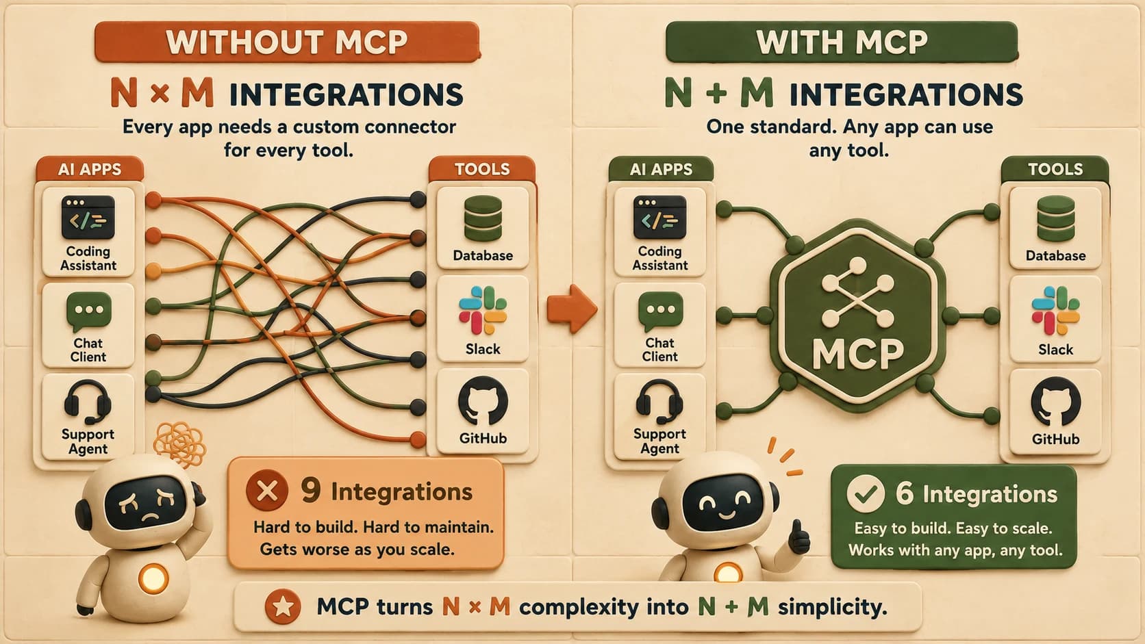 Side-by-side diagram comparing nine tangled pre-MCP integrations to six clean MCP connections through a central hub