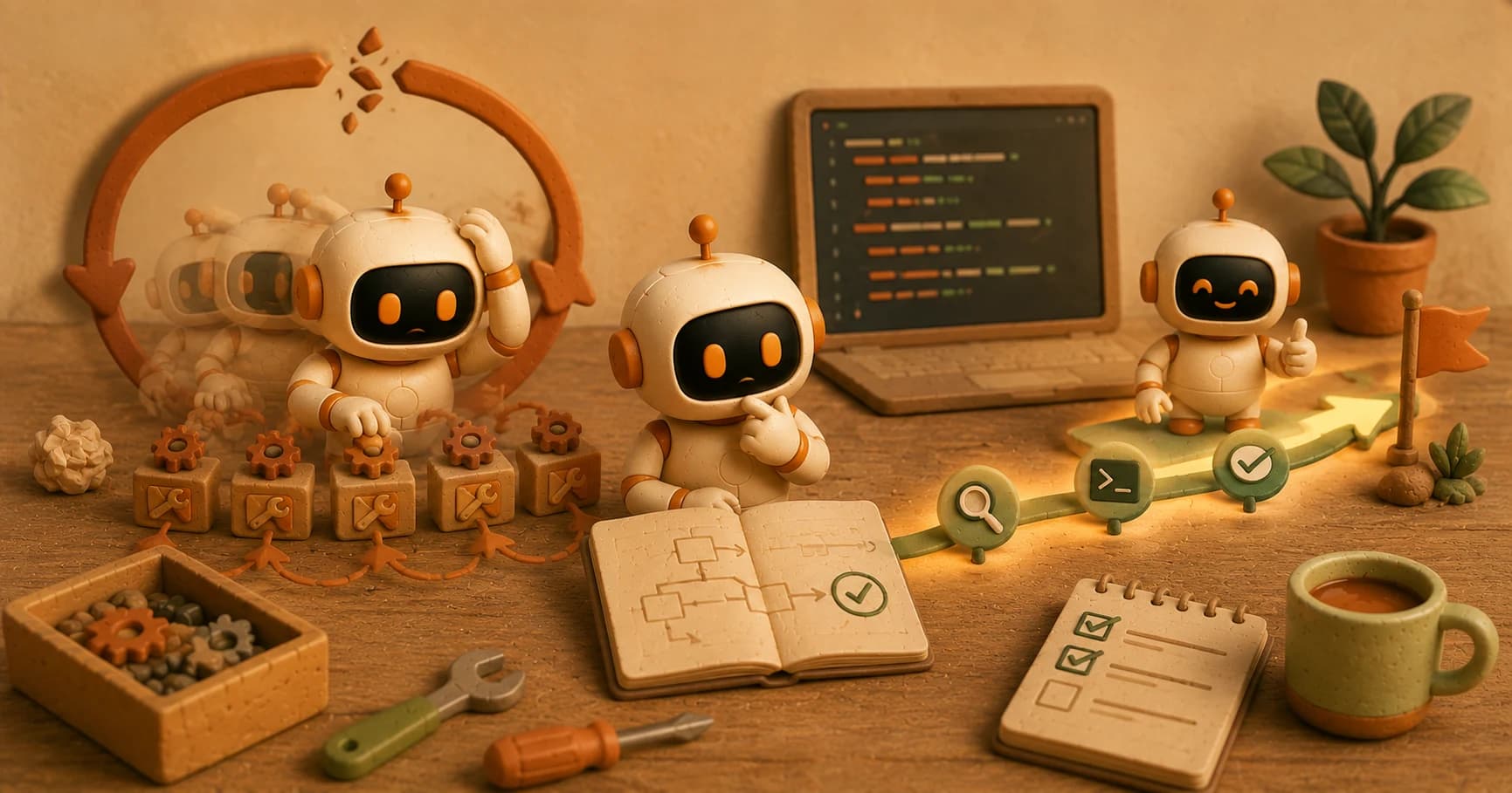 An illustrated robot stuck mid-loop, reaching for the same tool over and over under a broken circular arrow