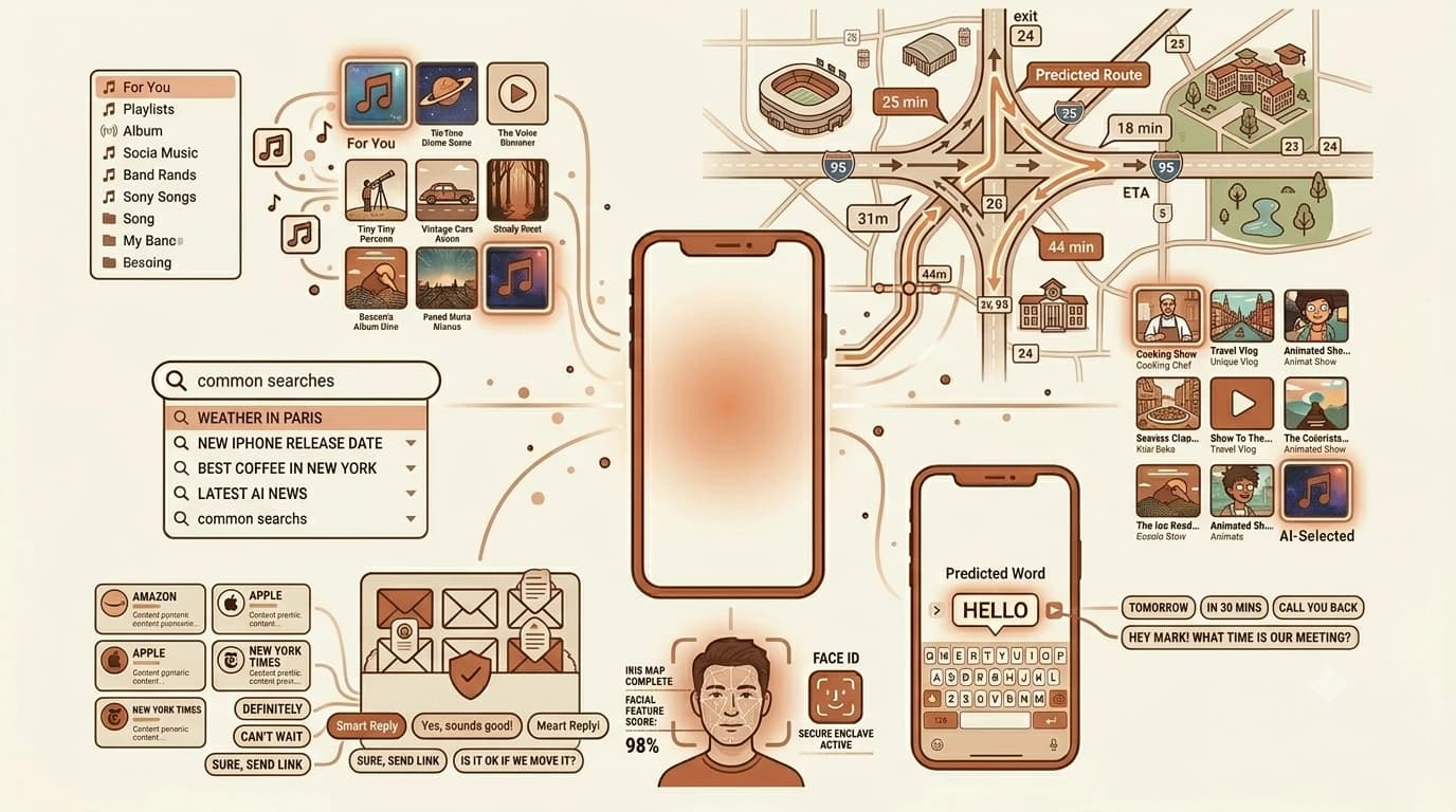 A visual overview of how AI appears across everyday apps including Spotify, Netflix, Google Maps, Gmail, and Face ID