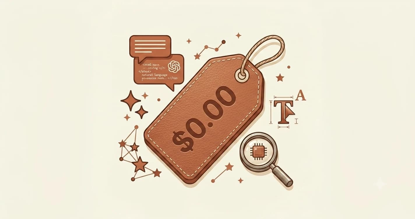 A price tag showing zero dollars surrounded by small AI tool icons on a warm cream background