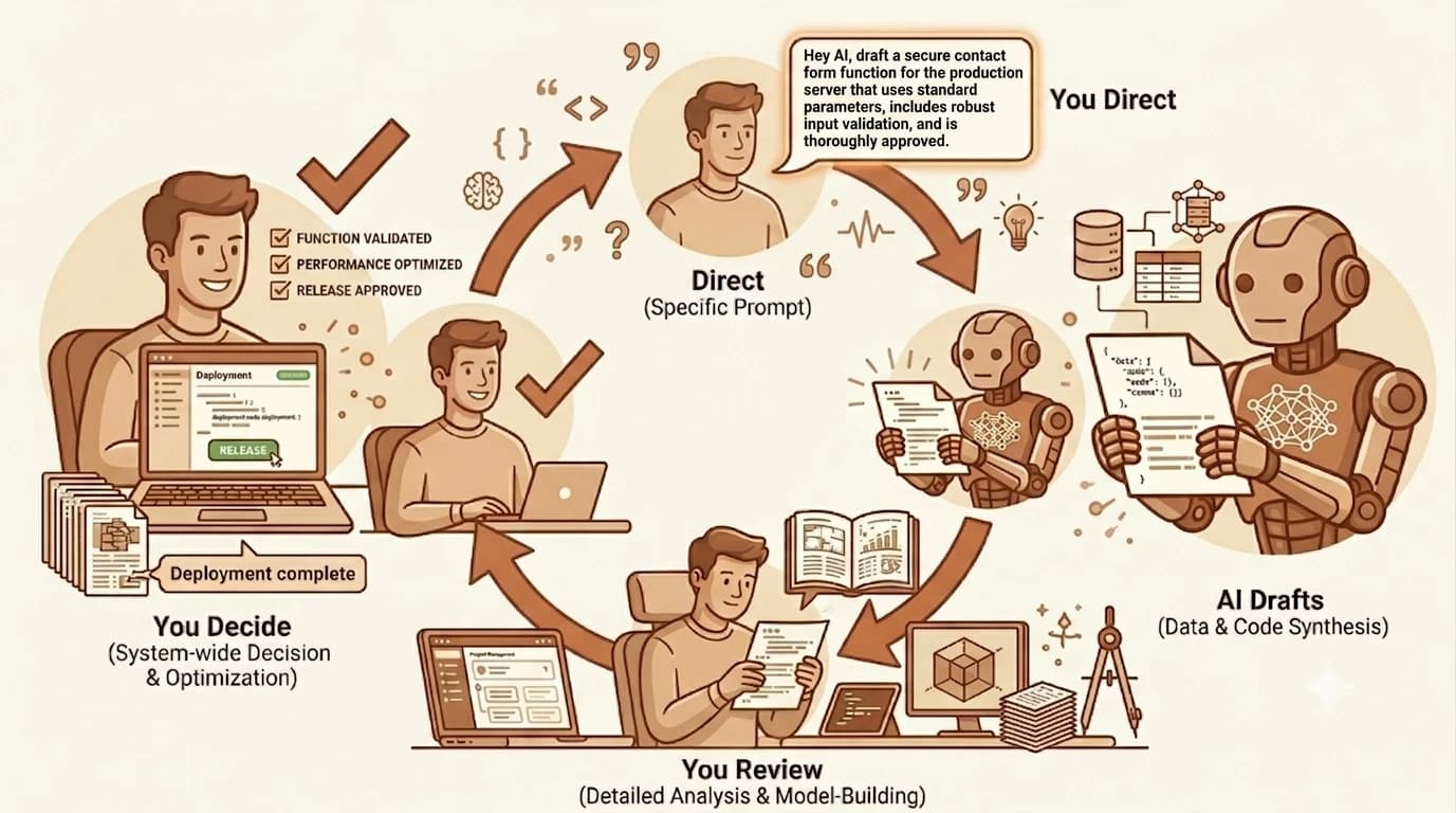 Four-step circular loop: You Direct, AI Drafts, You Review, You Decide