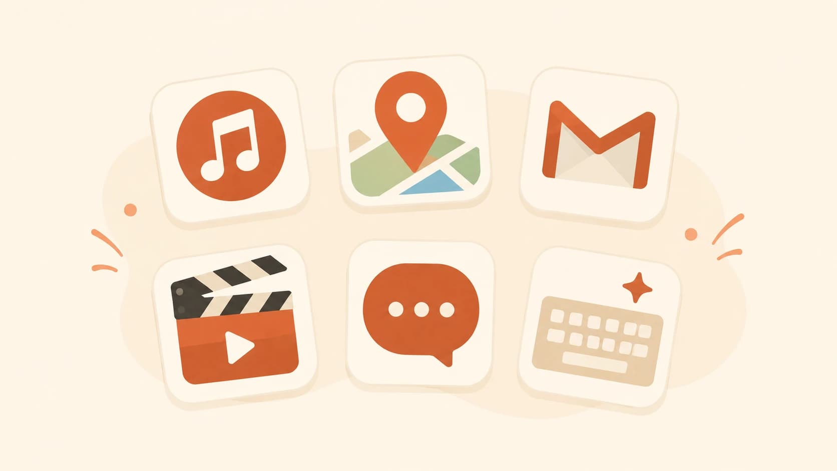 Everyday app icons — music, maps, email, video — that all rely on AI