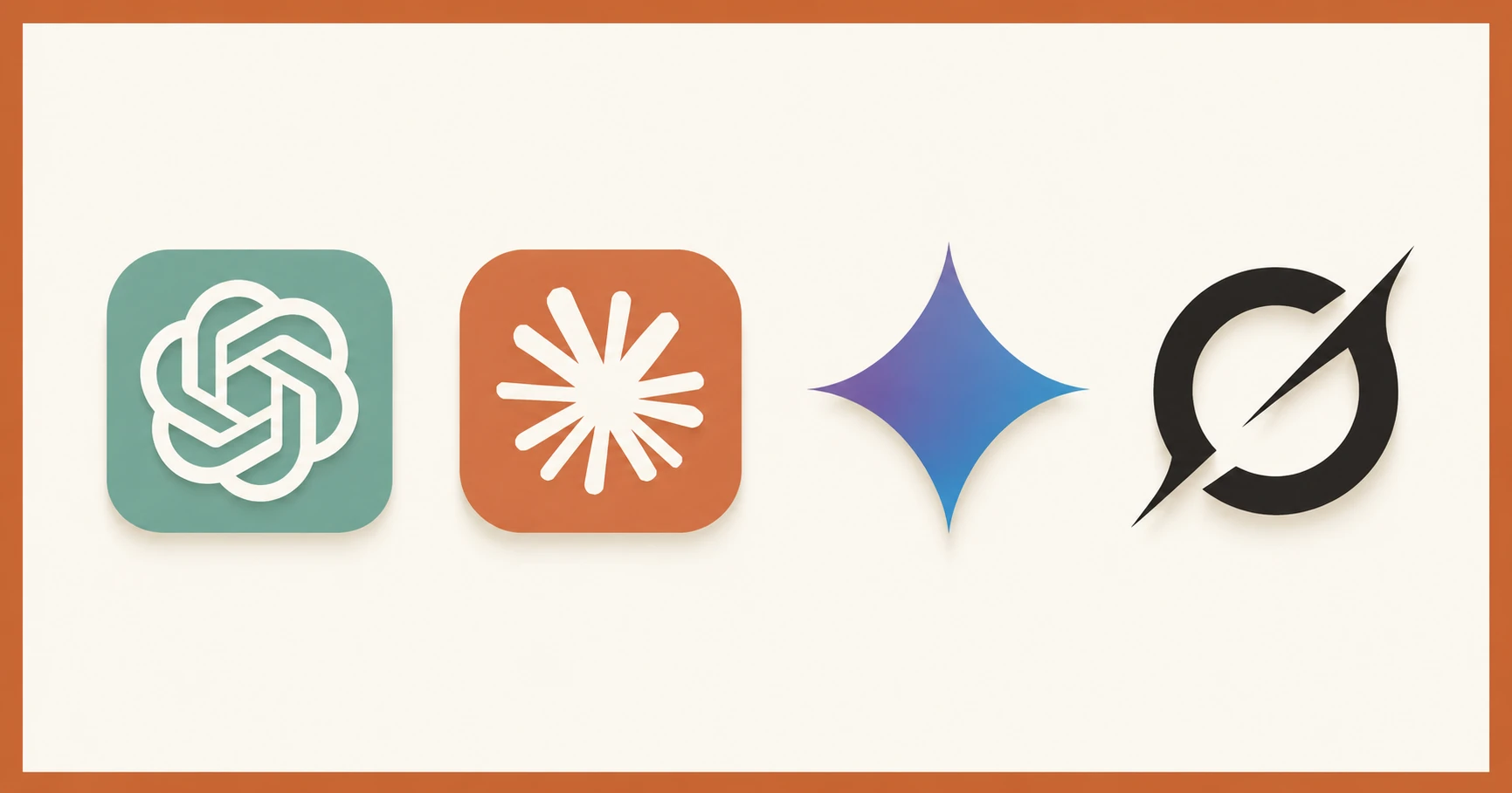 Four editorial icons representing ChatGPT, Claude, Gemini, and Grok side by side on a warm cream background