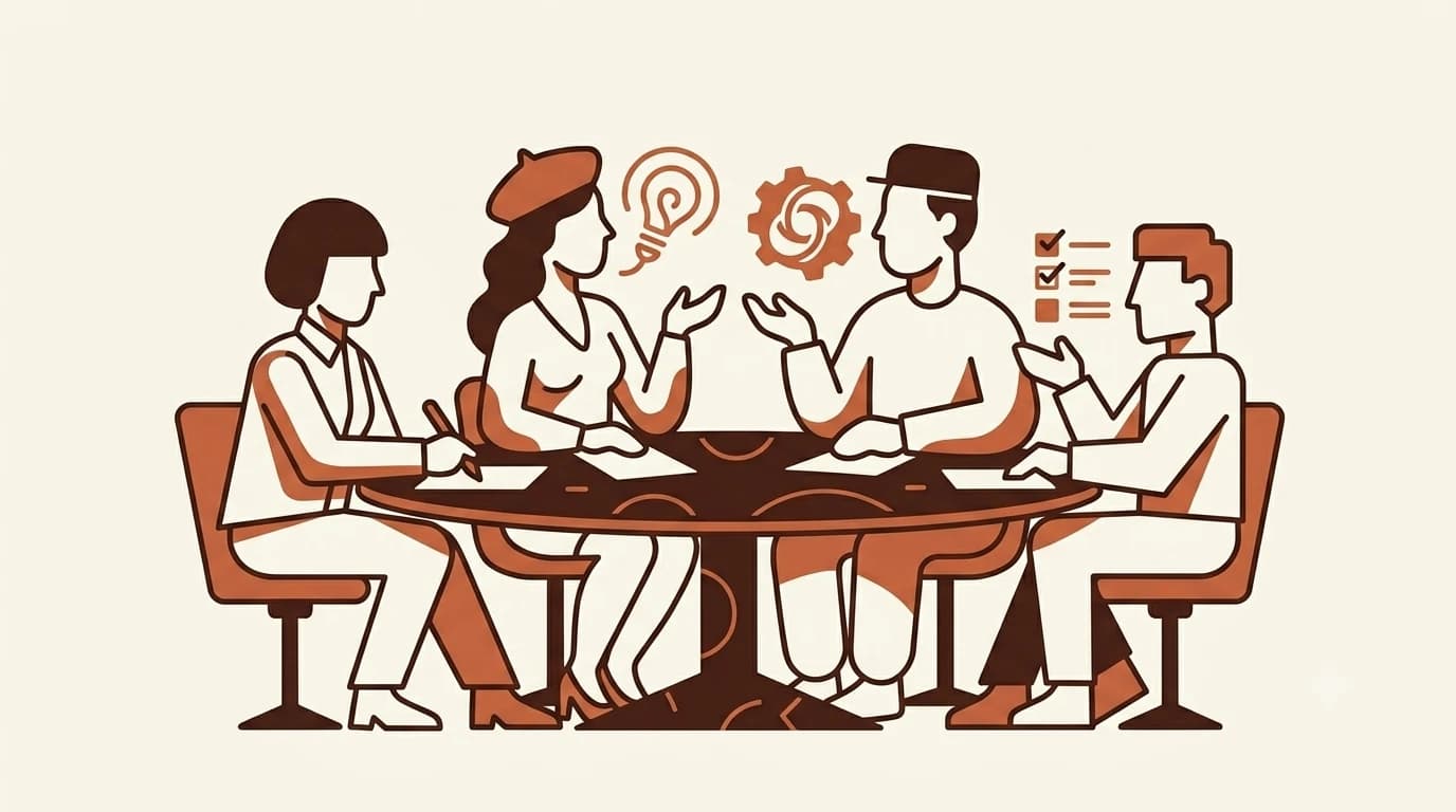 Four geometric character silhouettes seated around a table, each with a distinct personality, collaborating together