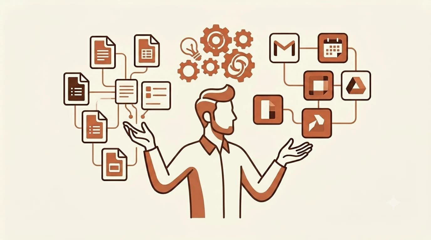 A person interacting with floating Google Workspace document and app icons in a connected, productive workspace