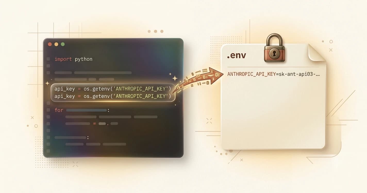 Split view showing a code editor calling os.getenv() on the left connected by an arrow to a .env file with a key-value pair on the right