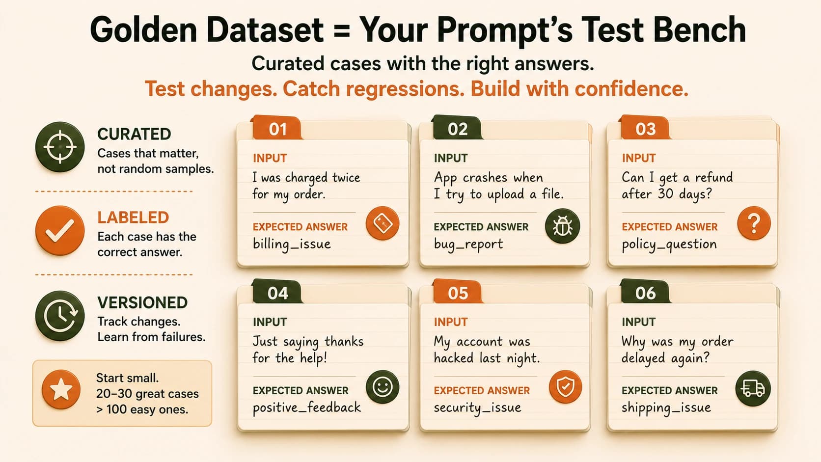 Six labeled test-case cards showing sample support tickets, each with an input and its expected category, illustrating a golden dataset