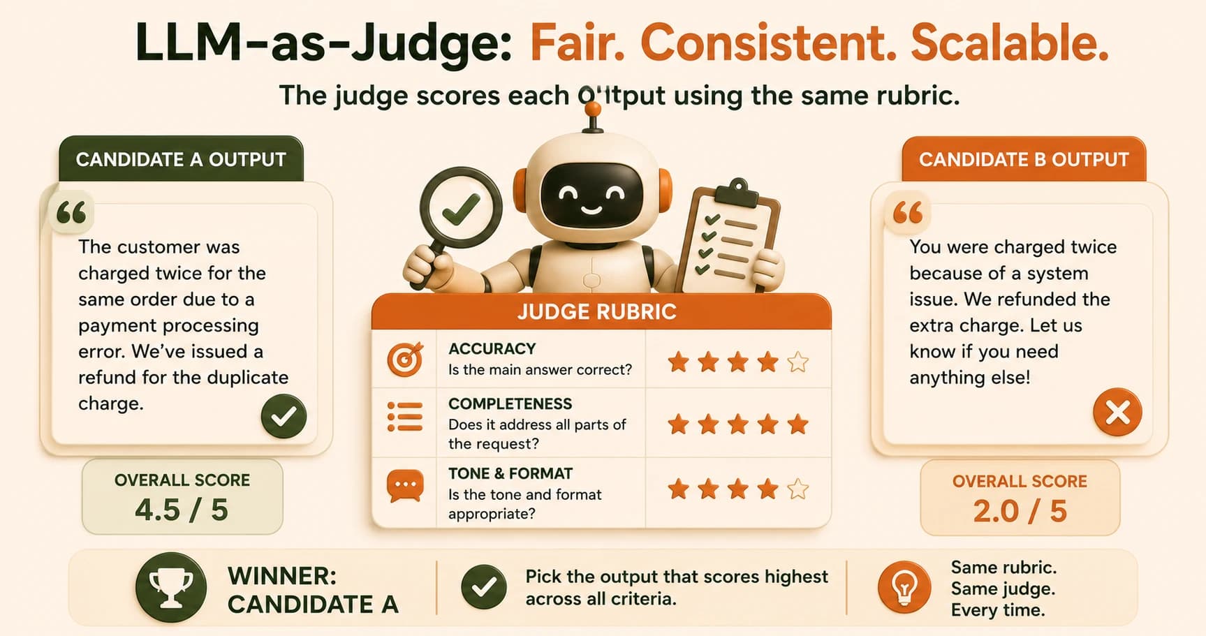 A robot judge scoring two candidate outputs side by side against a rubric of accuracy, completeness, and tone, picking the higher-scoring candidate
