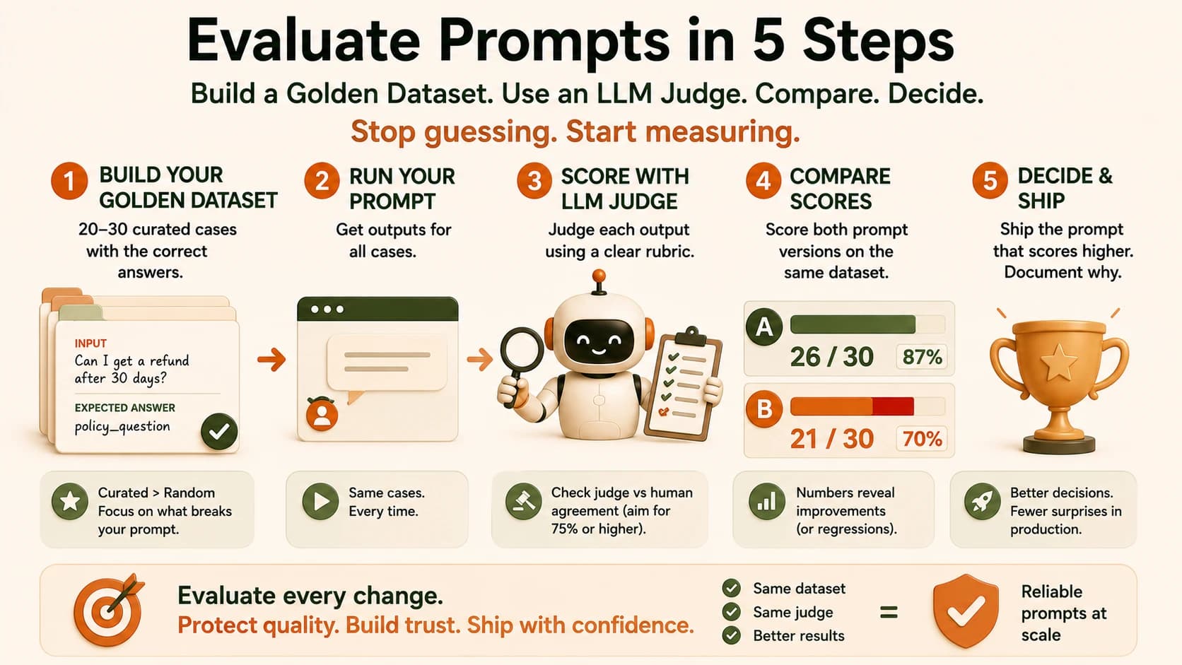 Five-step evaluation flow ending in a score comparison: Prompt A at 26/30 versus Prompt B at 21/30, with A winning