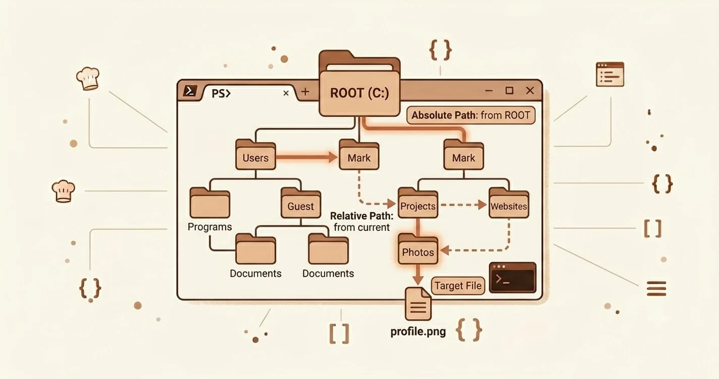 Folder tree diagram showing an absolute path highlighted from root and a relative path highlighted from a midpoint