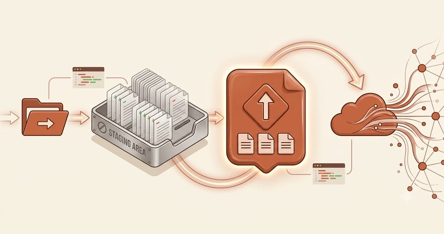 Four-step Git workflow diagram showing folder, staging area, commit, and cloud upload