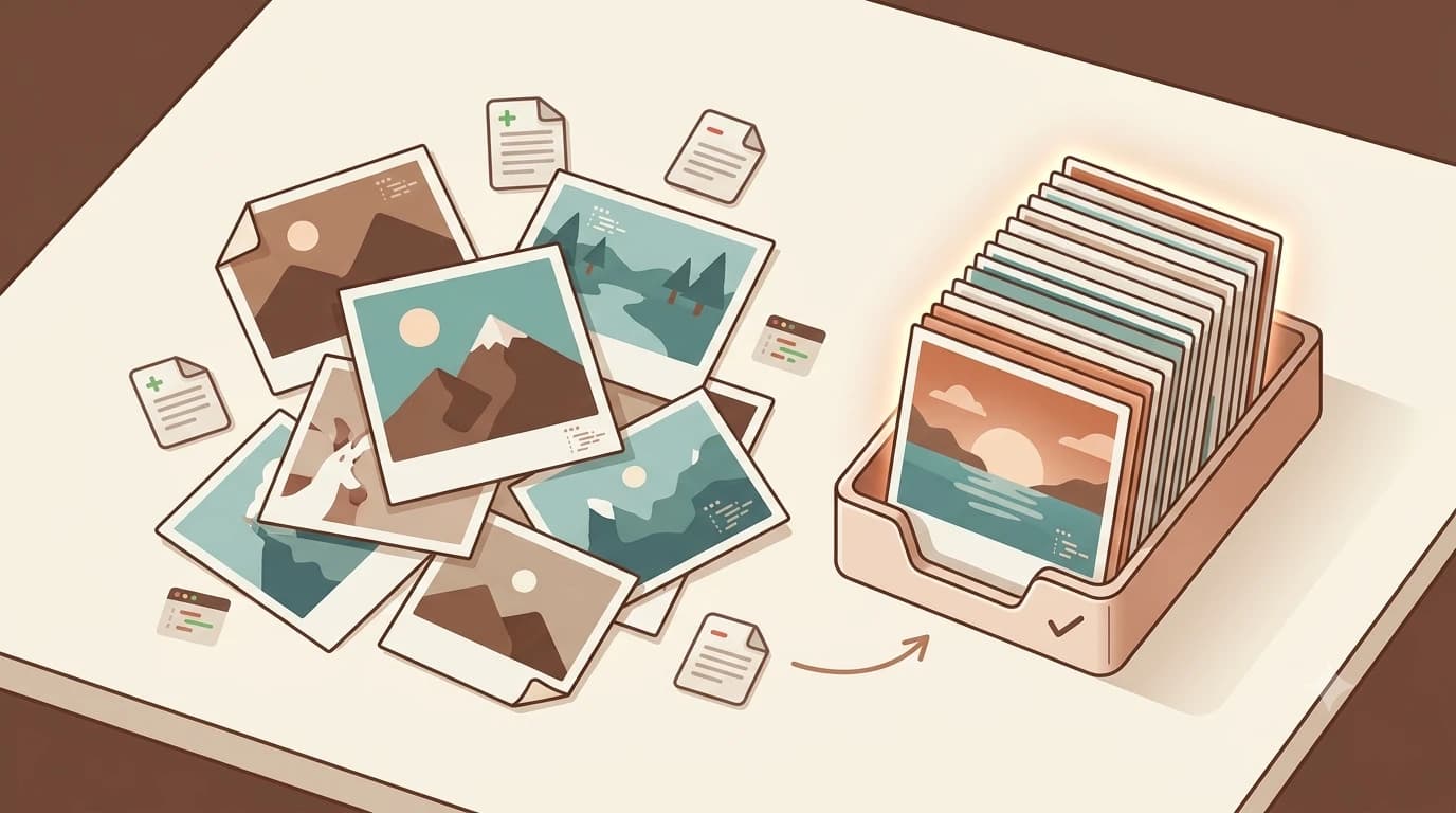 Scrapbook analogy showing loose photos as unstaged files and a selected stack as staged files