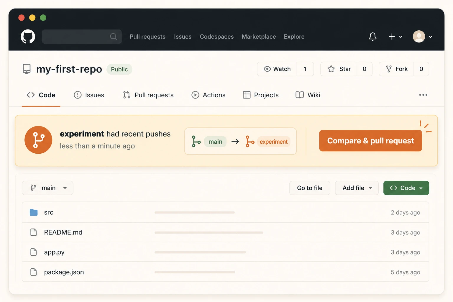 GitHub repository page showing the Compare and pull request banner after pushing a branch