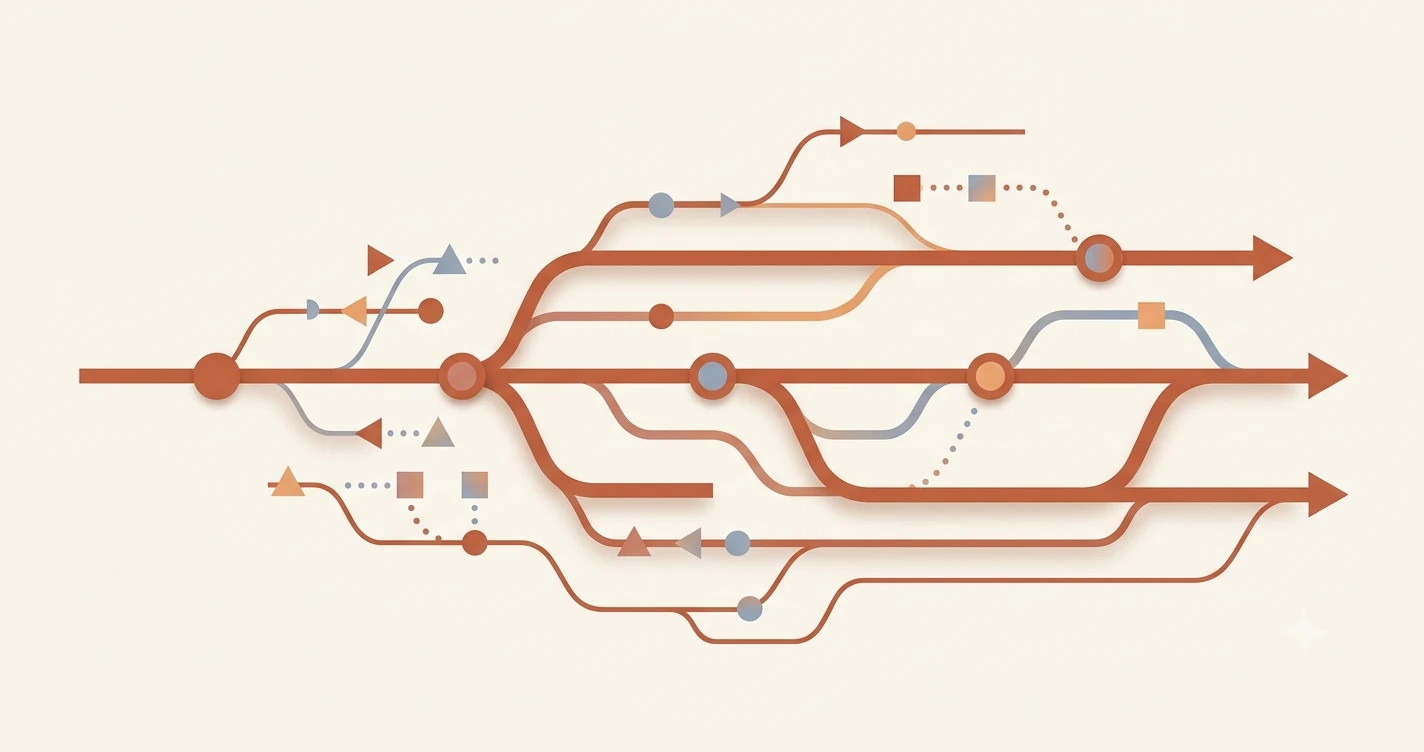 Abstract illustration of branching timelines representing version history in Git