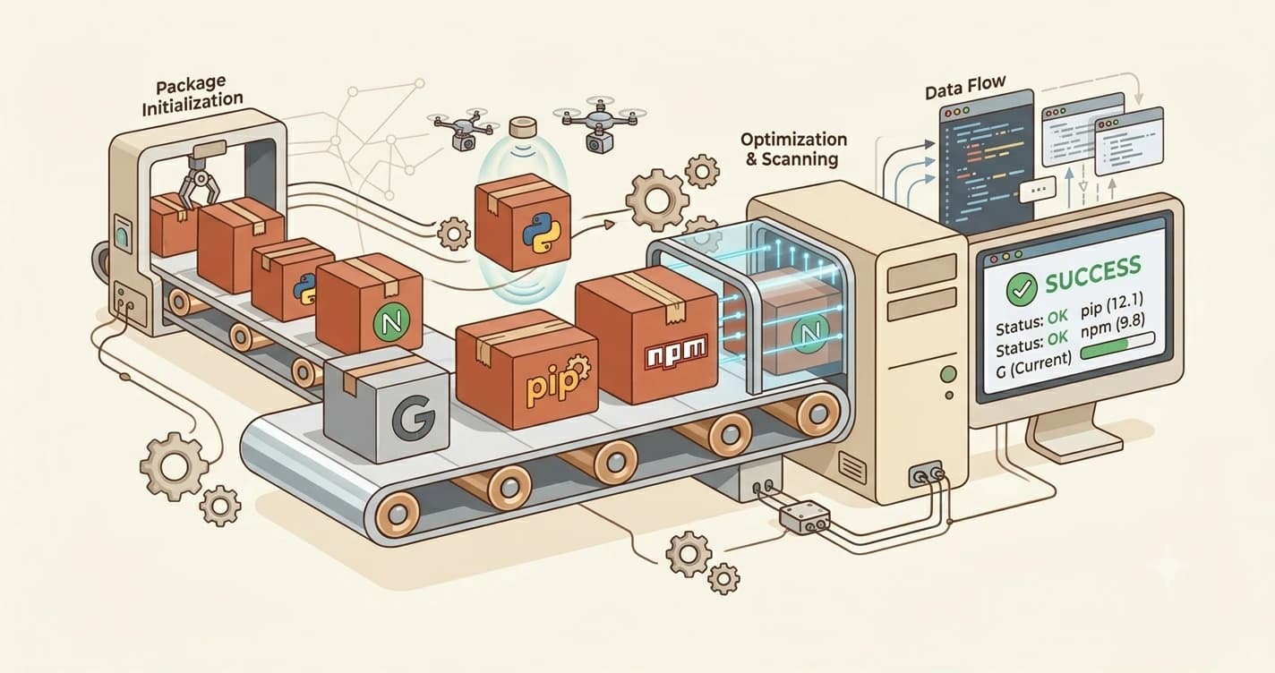Flat illustration of a conveyor belt delivering labelled package boxes into a computer, representing an automated package manager