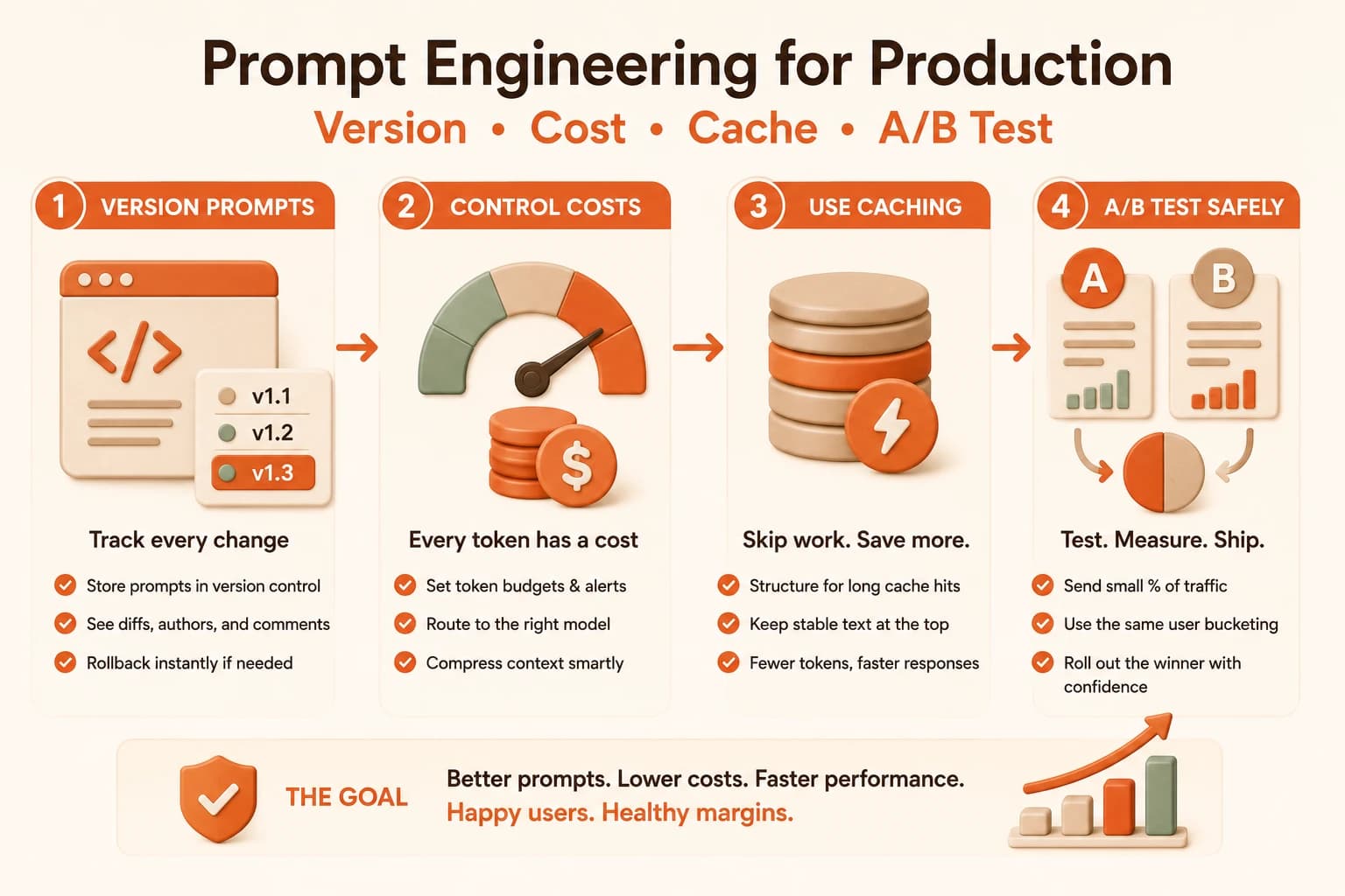 Infographic showing the four stages of prompt engineering for production: version prompts, control costs, use caching, and A/B test safely