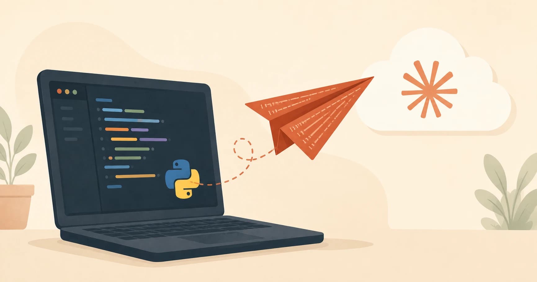 A paper airplane made of code flying from a laptop toward a soft cloud icon, clay accent on the airplane