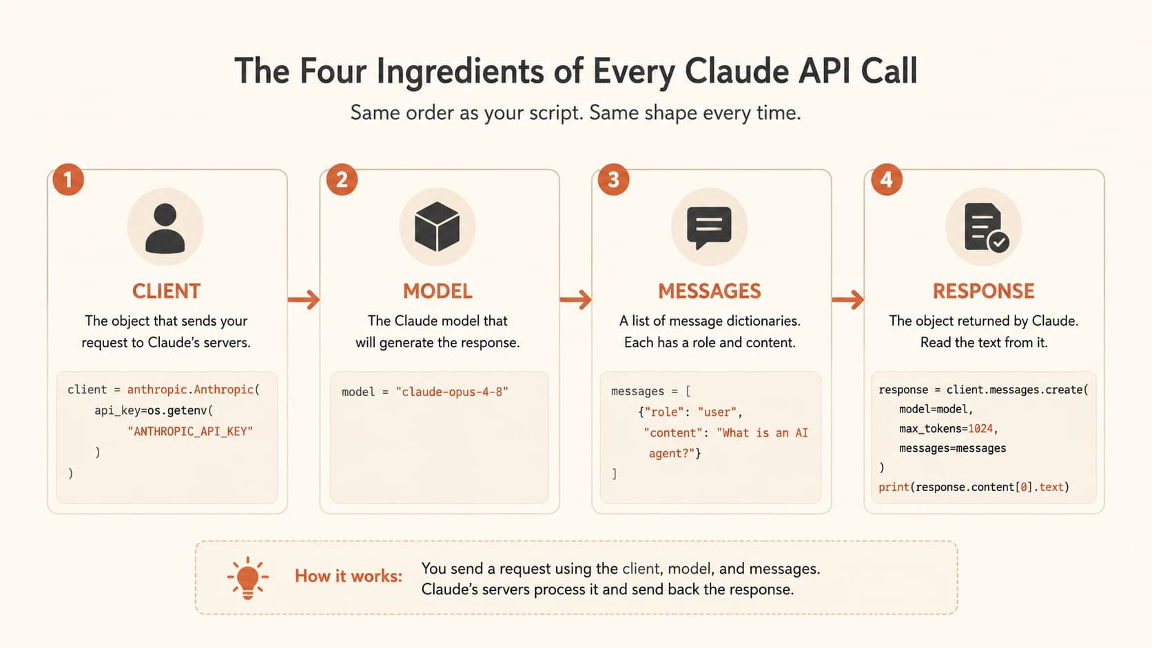 Numbered infographic showing four steps, client, model, messages, response, each with its exact code line and a one-sentence explanation