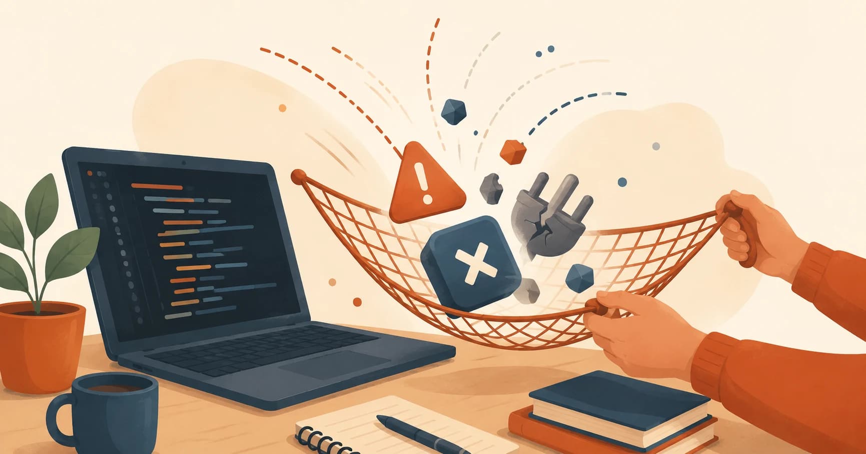 Editorial illustration of a safety net catching a falling object, representing error handling in Python