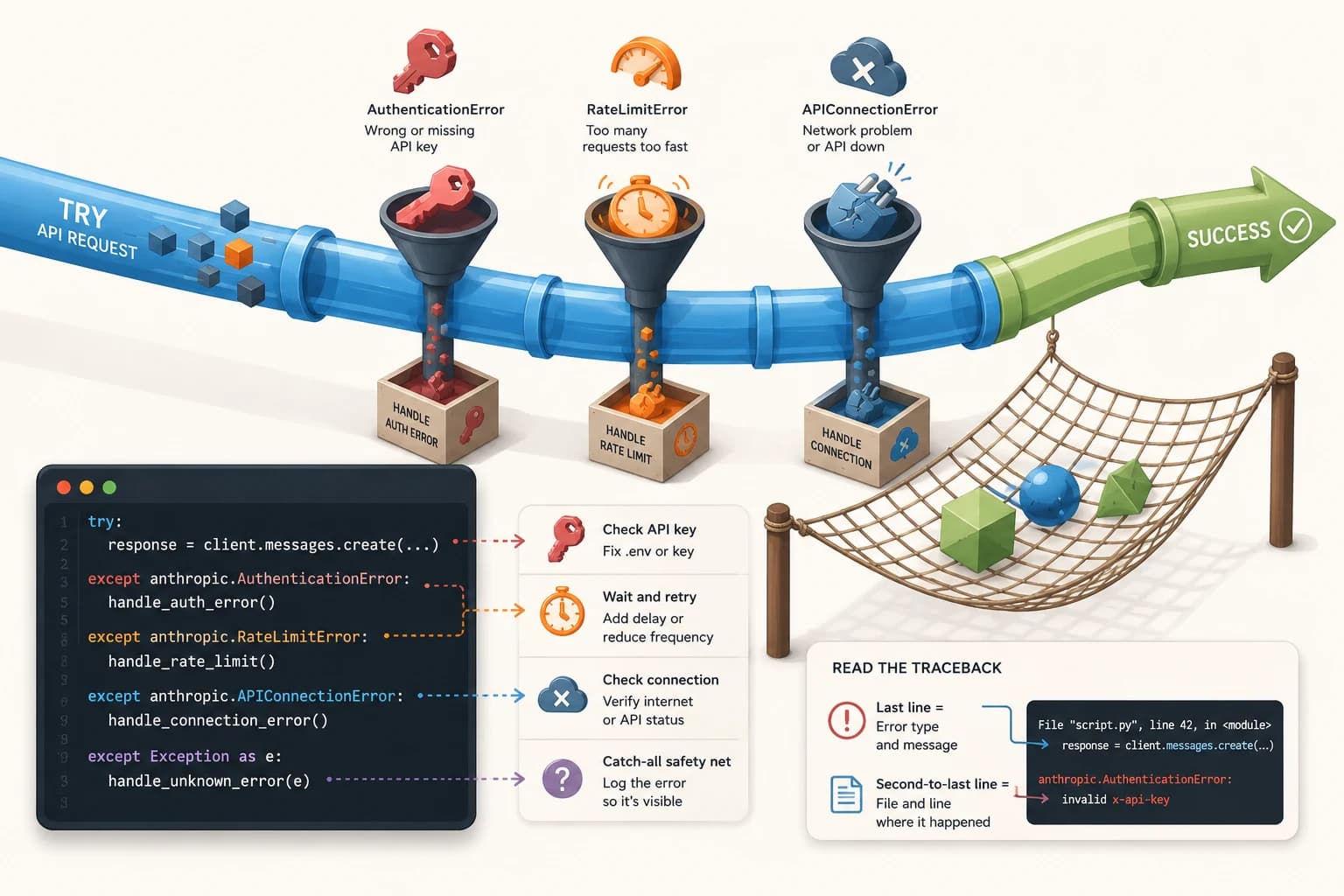 Diagram showing an API request flowing through three error checks, AuthenticationError, RateLimitError, and APIConnectionError, each routed to its own handler, with a panel showing how to read a traceback