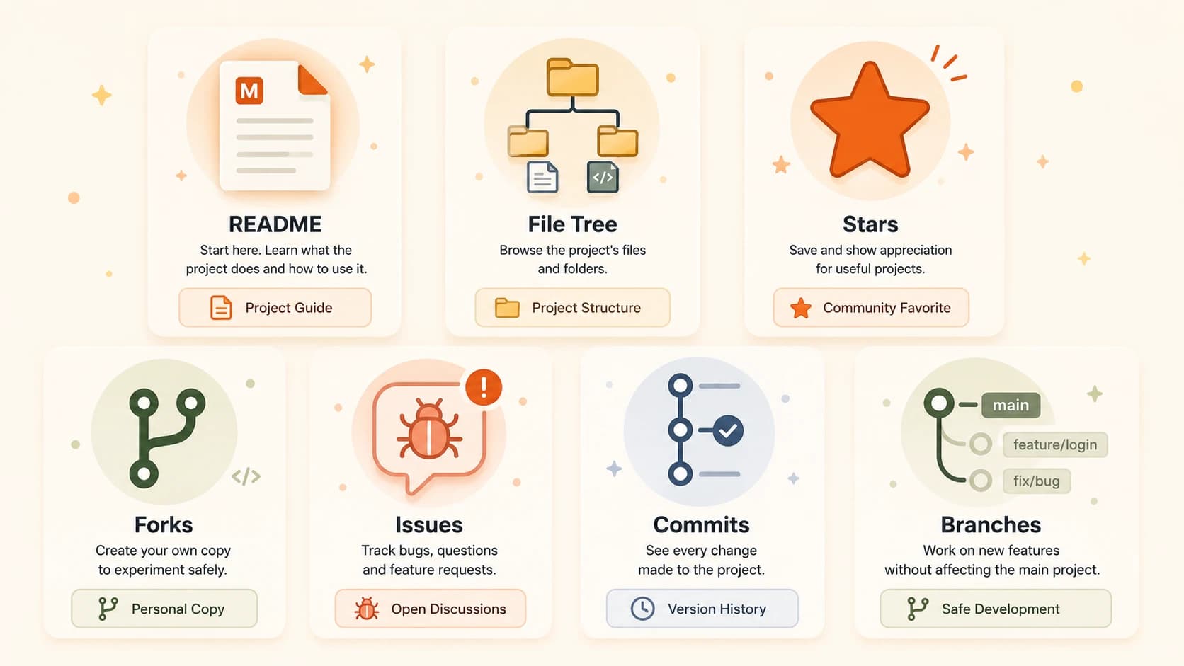 Diagram showing all seven GitHub repository sections as cards: README, File Tree, Stars, Forks, Issues, Commits, and Branches, each with an icon and short description