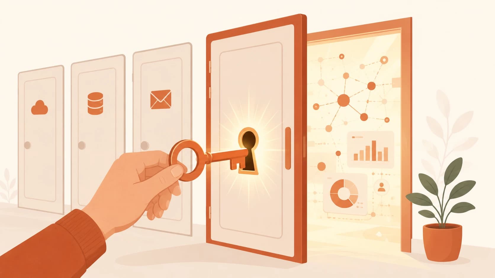 A door with a key inserting into the keyhole, representing how an API key grants access to a service