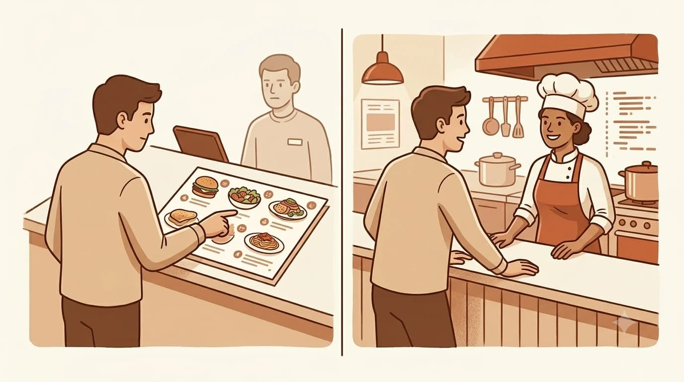 Split illustration: left shows a customer pointing at a picture menu (GUI), right shows the same customer talking directly to a chef (terminal)