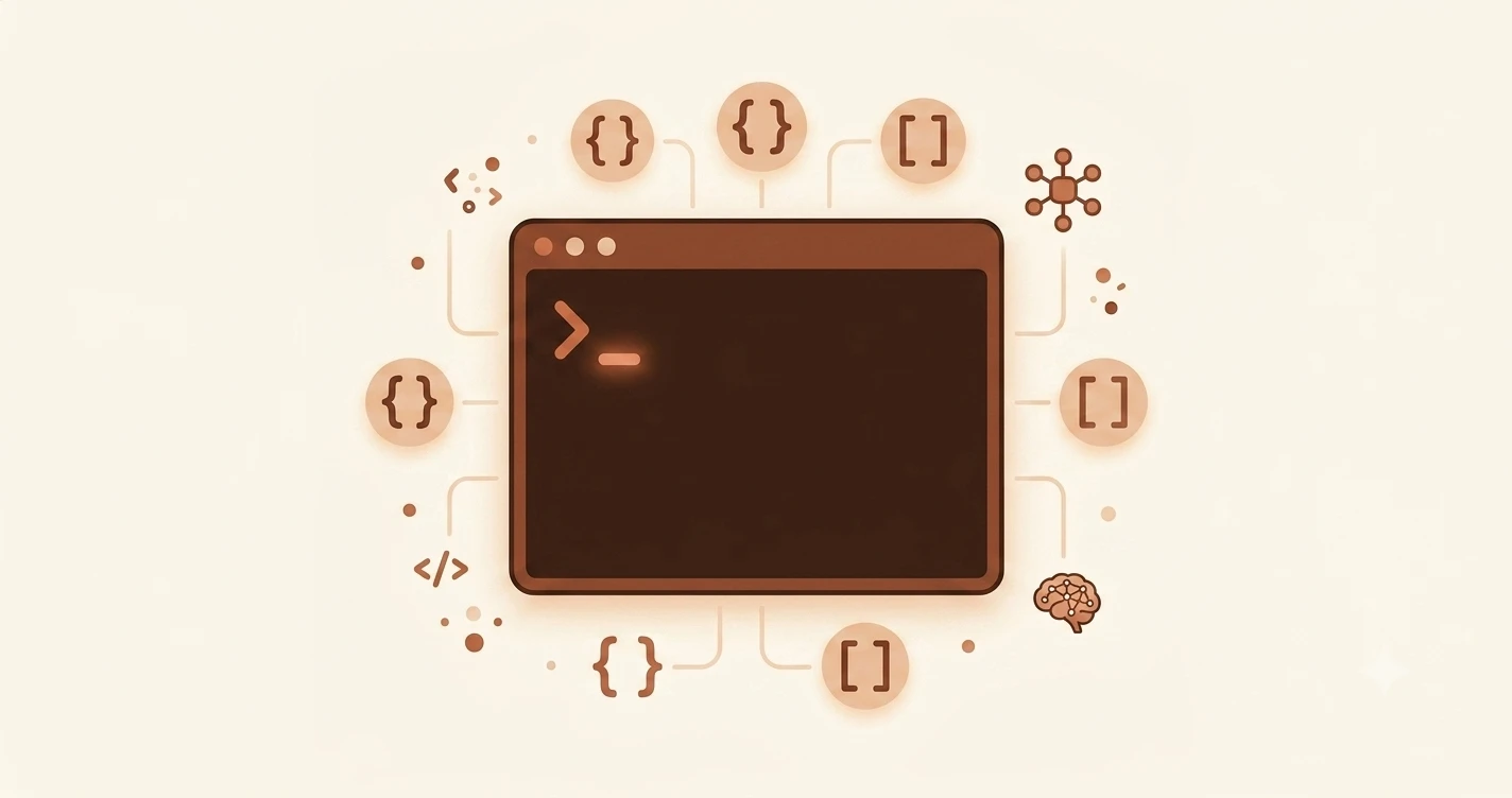 A dark terminal window with a blinking cursor on a warm cream background, looking approachable rather than scary