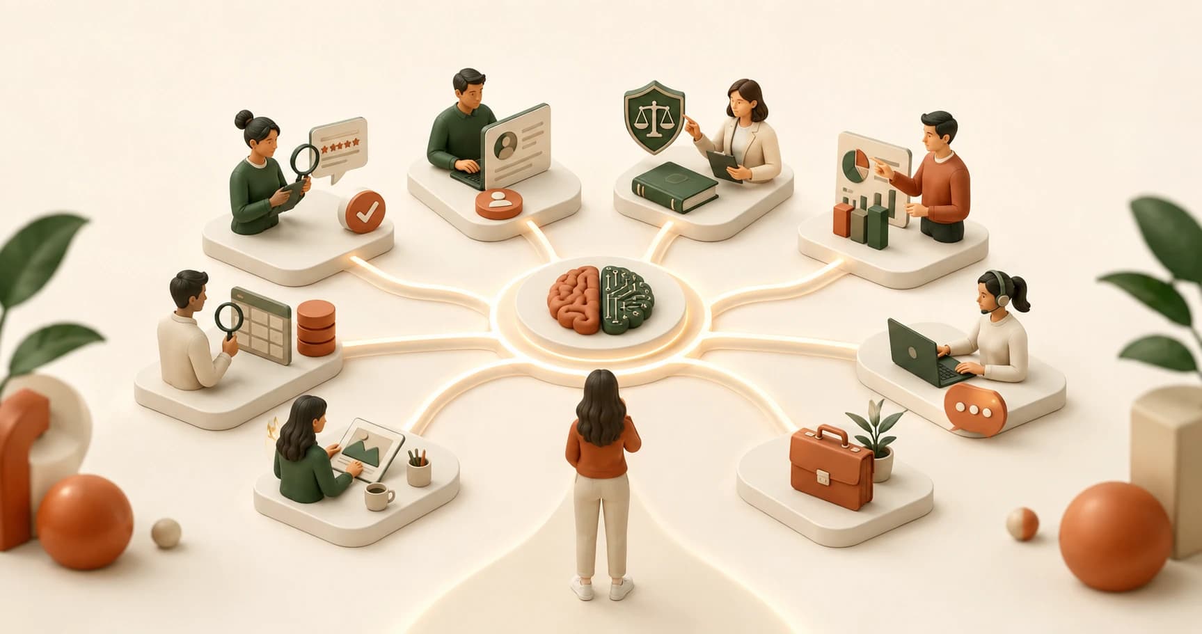 Diverse professionals reviewing AI outputs together, none of them writing code