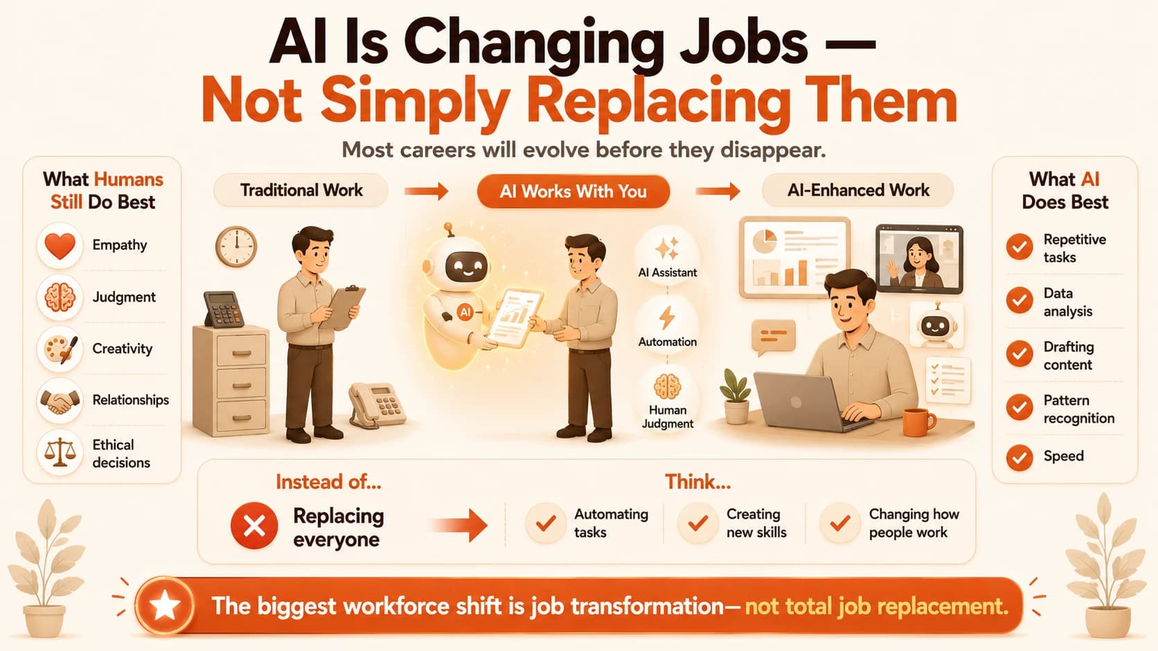 Infographic showing AI changing jobs through automation and human-AI collaboration rather than simply replacing workers