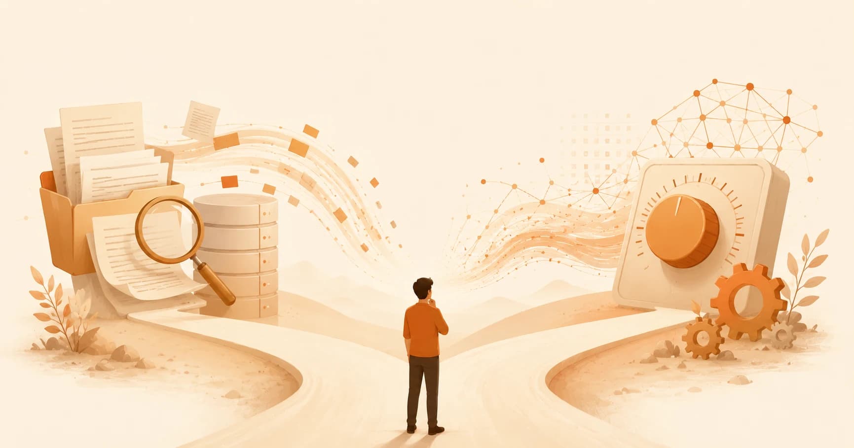 A person standing at a fork in the road, one path leading to documents and a database, the other to a tuning dial and gears, representing the choice between RAG and fine-tuning