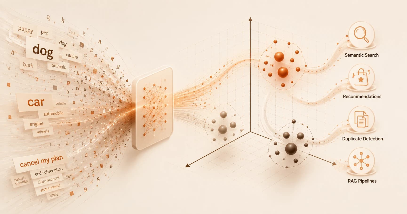 Editorial illustration of words like dog, car, and cancel my plan streaming through a neural network into a 3D space where similar meanings cluster together, branching out to semantic search, recommendations, duplicate detection, and RAG pipelines
