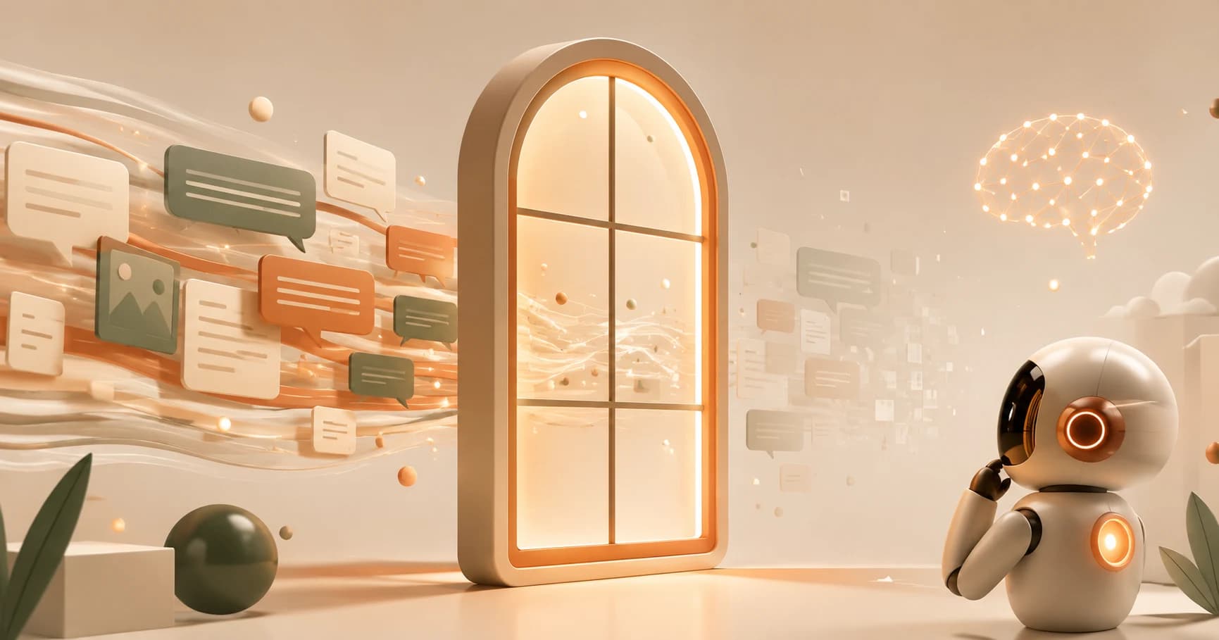A small robot looking at a glowing window frame, with message and document icons streaming in on one side and fading out on the other, a neural network glowing in the background